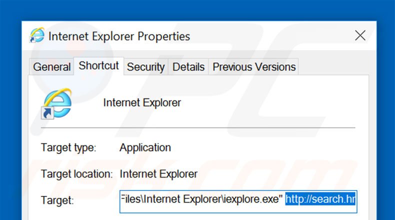 Suppression du raccourci cible de search.hr dans Internet Explorer étape 2