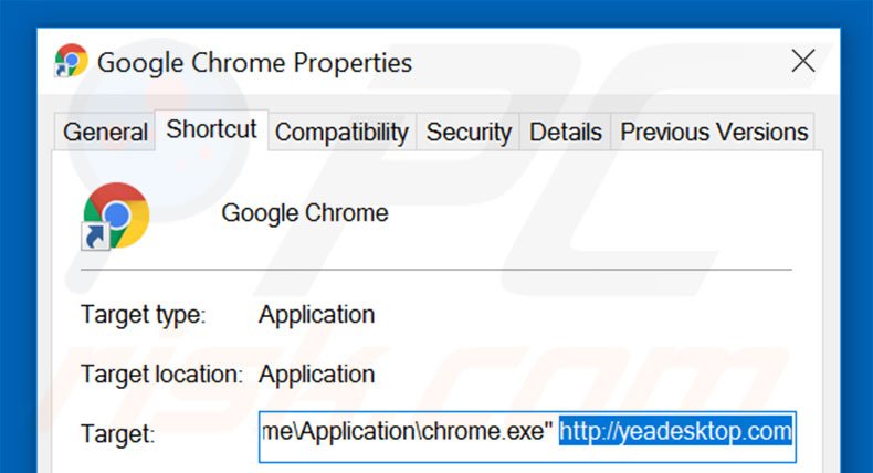 Suppression du raccourci cible d'yeadesktop.com dans Google Chrome étape 2