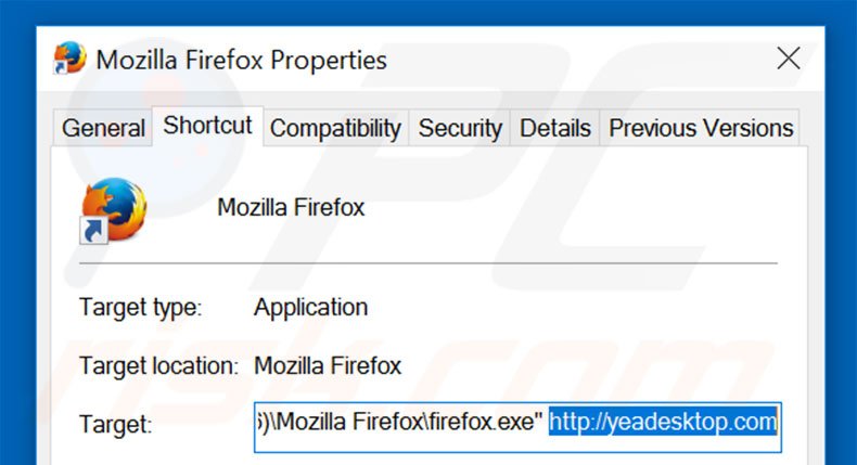 Suppression du raccourci cible d'yeadesktop.com dans Mozilla Firefox étape  2