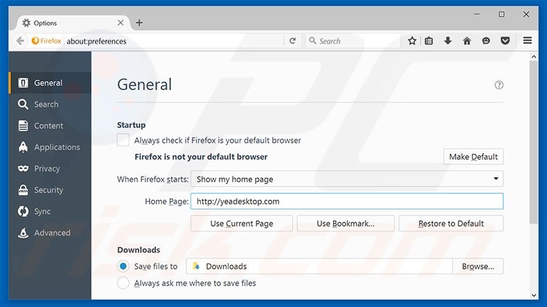 Suppression de la page d'accueil d'yeadesktop.com dans Mozilla Firefox 