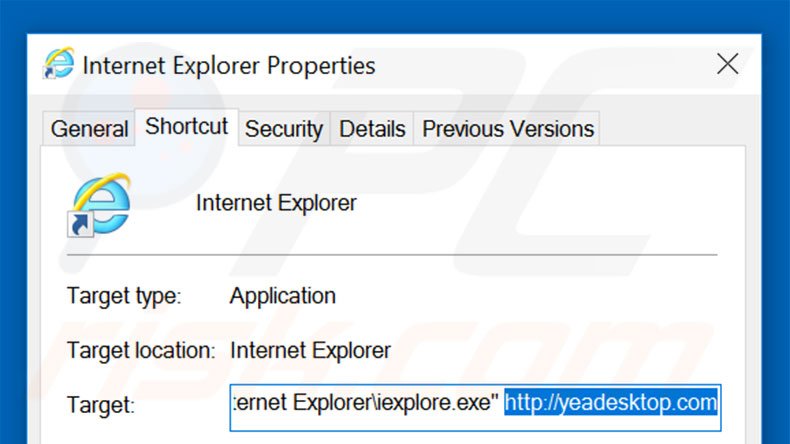 Suppression du raccourci cible de yeadesktop.com dans Internet Explorer étape 2