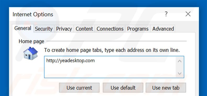 Suppression de la page d'accueil d'yeadesktop.com dans Internet Explorer 