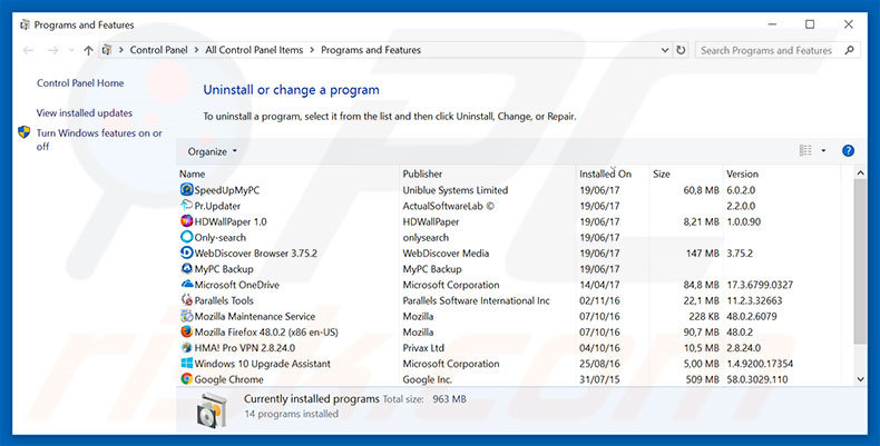 Désinstallation du logiciel de publicité ad.dumedia.ru via le Panneau de Configuration