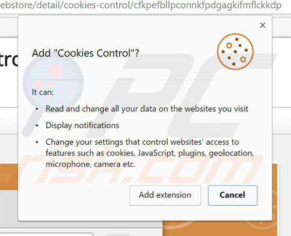 Logiciel de publicité Cookies Control demandant la permission d'ajouter des ajouts