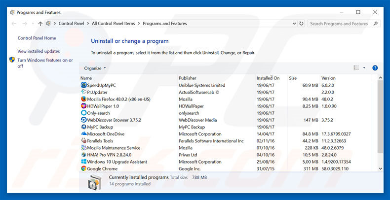 Désinstallation du logiciel de publicité Cookies On-Off via le Panneau de Configuration