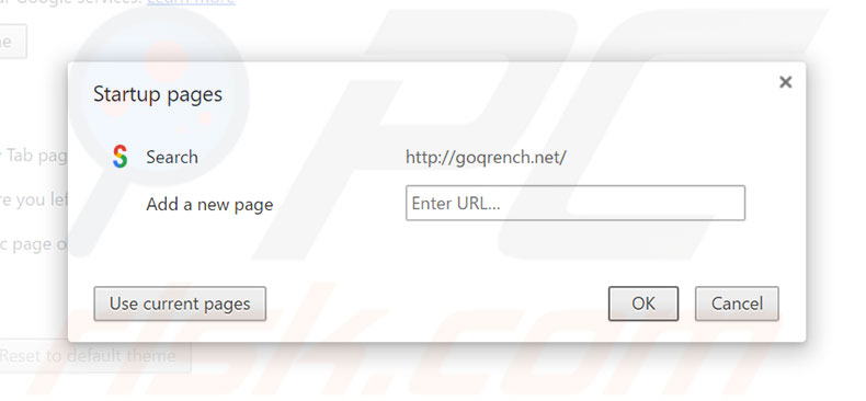 Suppression de la page d'accueil de goqrench.net dans Google Chrome