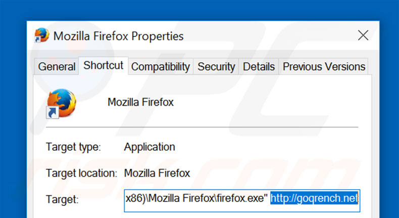 Suppression du raccourci cible de goqrench.net dans Mozilla Firefox étape 2