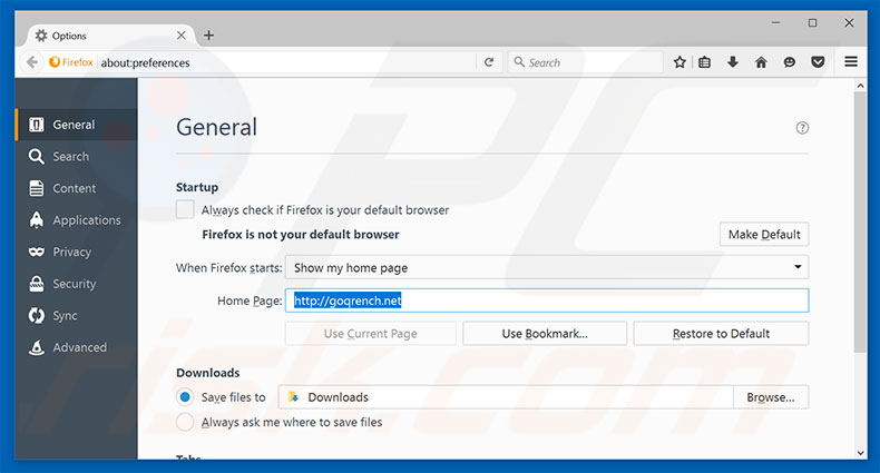 Suppression de la page d'accueil de goqrench.net dans Mozilla Firefox