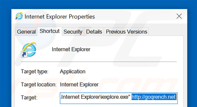 Suppression du raccourci cible de goqrench.net dans Internet Explorer étape 2