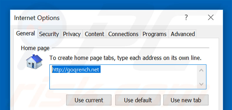 Suppression de la page d'accueil de goqrench.net dans Internet Explorer