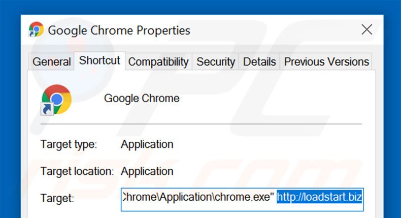 Suppression du raccourci cible de loadstart.biz dans Google Chrome étape 2