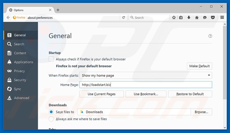 Suppression de la page d'accueil de loadstart.biz dans Mozilla Firefox 