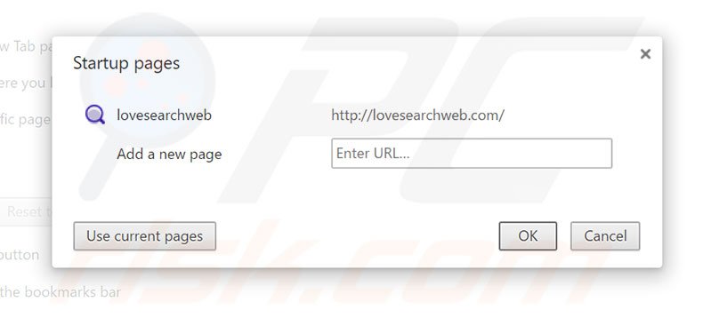 Suppression de la page d'accueil de lovesearchweb.com dans Google Chrome 