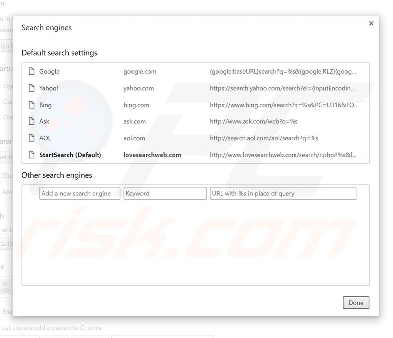 Suppression du moteur de recherche par défaut de lovesearchweb.com dans Google Chrome 