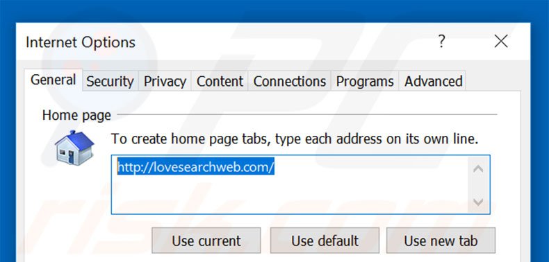 Suppression de la page d'accueil de lovesearchweb.com dans Internet Explorer 
