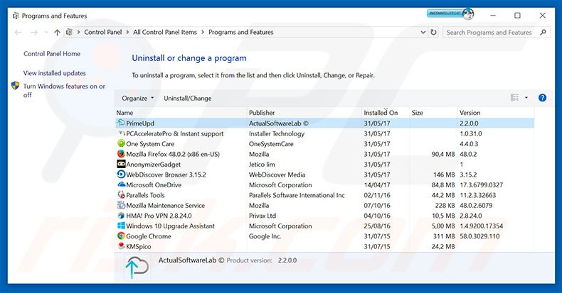 Désinstallation du logiciel de publicité Prime Updater via le Panneau de Configuration