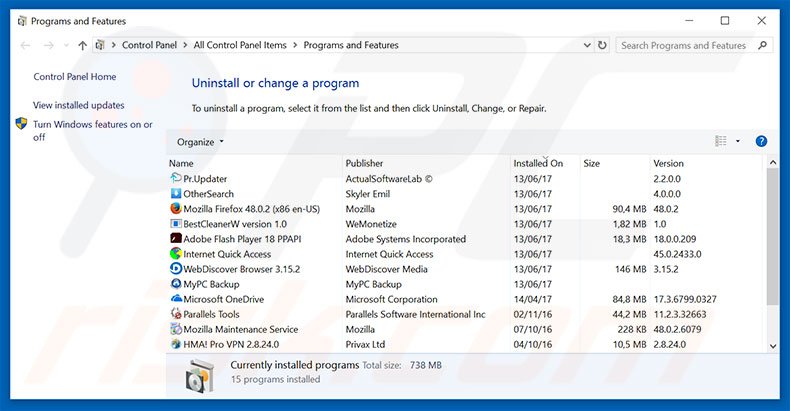 Désinstallation du logiciel de publicité Error Virus - Trojan Backdoor Hijack via le Panneau de Configuration