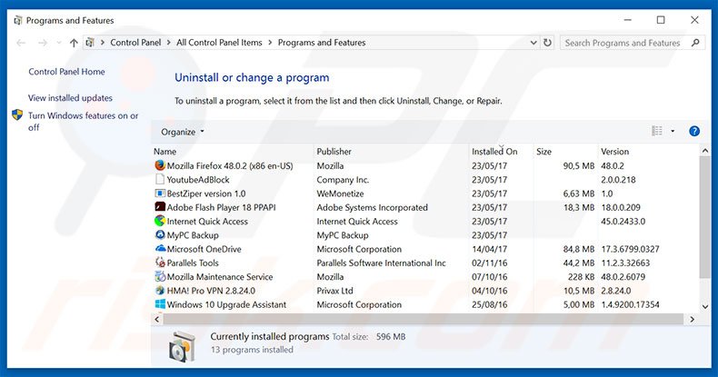 Désinstallation du logiciel de publicité unTabs via le Panneau de Configuration