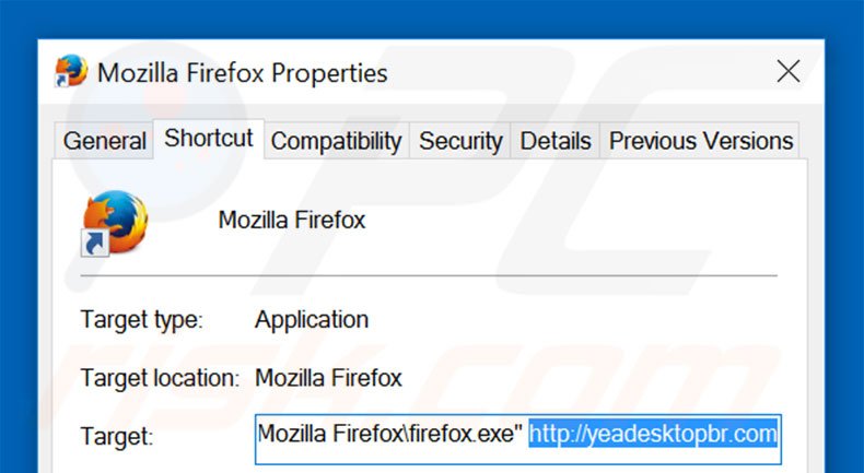 Suppression du raccourci cible d'yeadesktopbr.com dans Mozilla Firefox étape 2