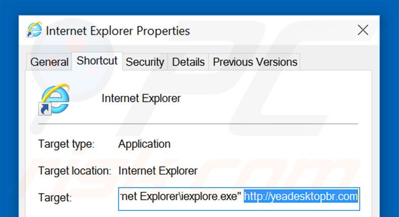Suppression du raccourci cible d'yeadesktopbr.com dans Internet Explorer étape 2