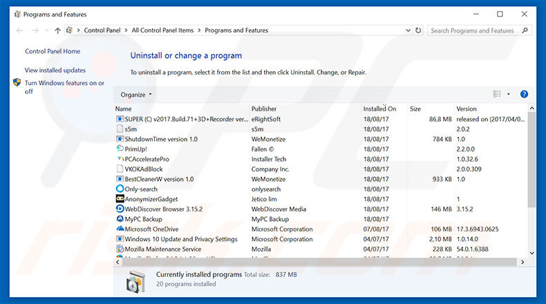 Désinstallation du logiciel de publicité Ad par Advertise via le Panneau de Configuration