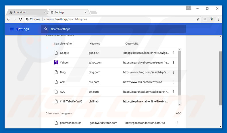 Suppression du moteur de recherche par défaut de search.chill-tab.com dans Google Chrome 