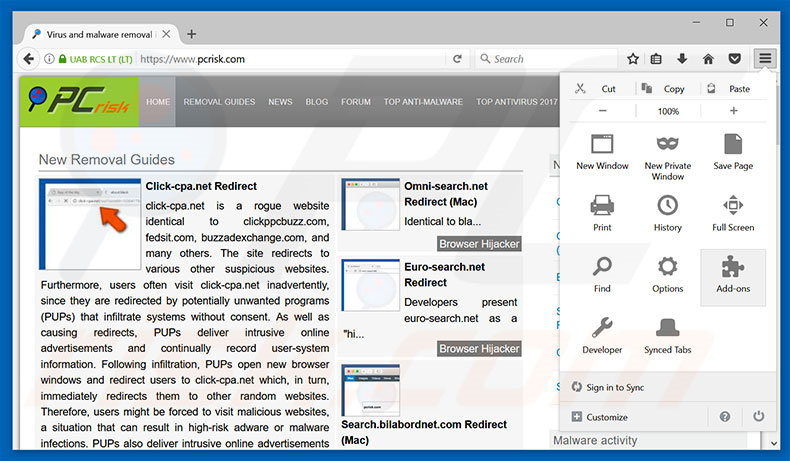 Suppression des publicités clicknshare.net dans Mozilla Firefox étape 1