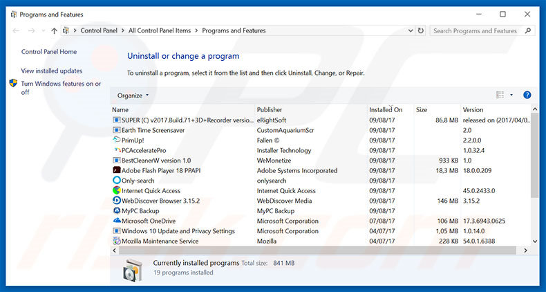 Désinstallation du logiciel de publicité clicknshare.net via le Panneau de Configuration