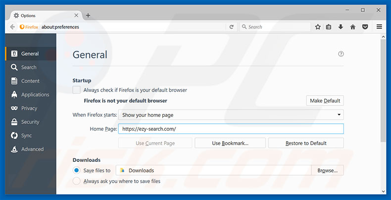 Suppression de la page d'accueil d'ezy-search.com dans Mozilla Firefox 