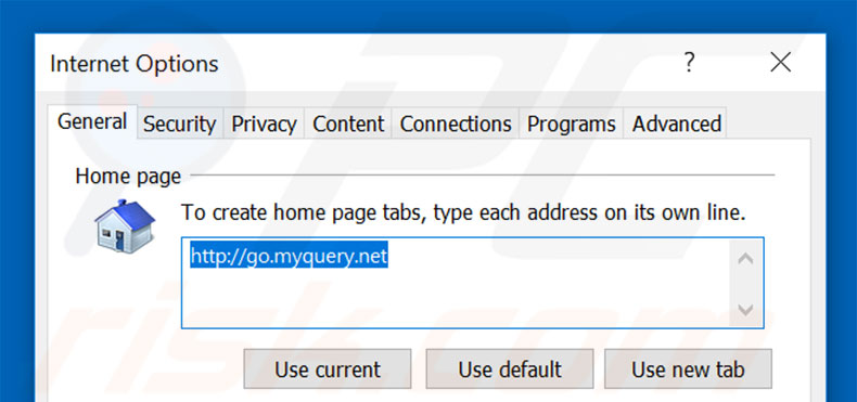 Suppression de la page d'accueil de go.myquery.net dans Internet Explorer 
