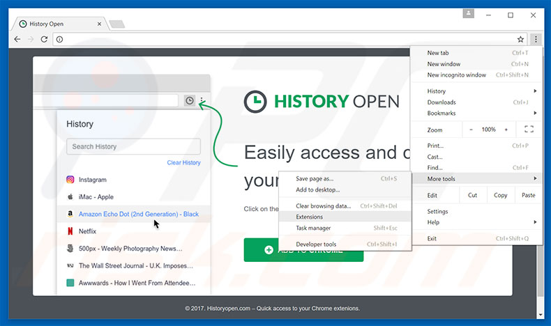 Suppression des publicités History Open dans Google Chrome étape 1