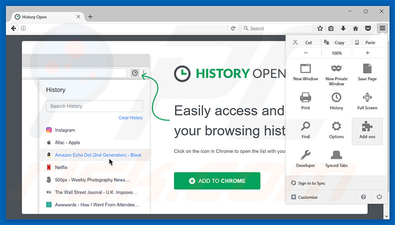 Suppression des publicités History Oen dans Mozilla Firefox étape 1