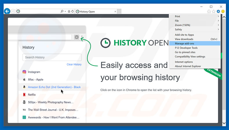 Suppression des publicités History Open dans Internet Explorer étape 1