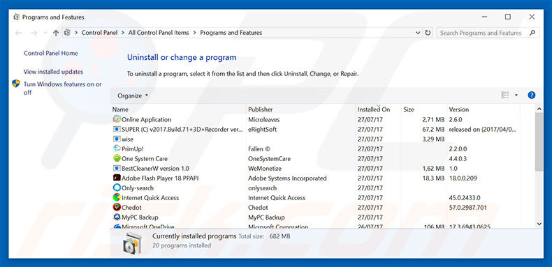 Désinstallation du logiciel de publicité History Open via le Panneau de Configuration