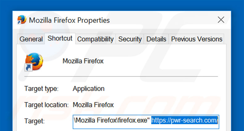 Suppression du raccourci cible de pwr-search.com dans Mozilla Firefox étape 2