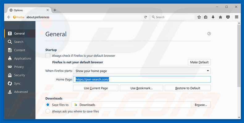 Suppression de la page d'accueil de pwr-search.com dans Mozilla Firefox