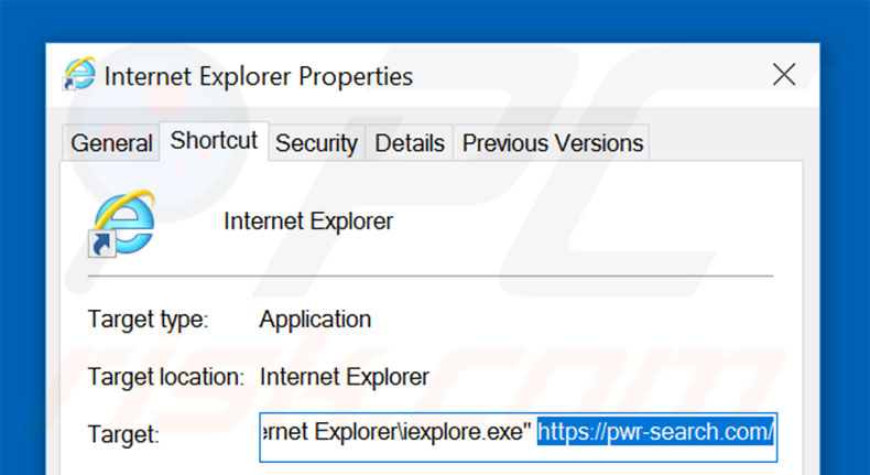 Suppression du raccourci cible de pwr-search.com dans Internet Explorer étape 2