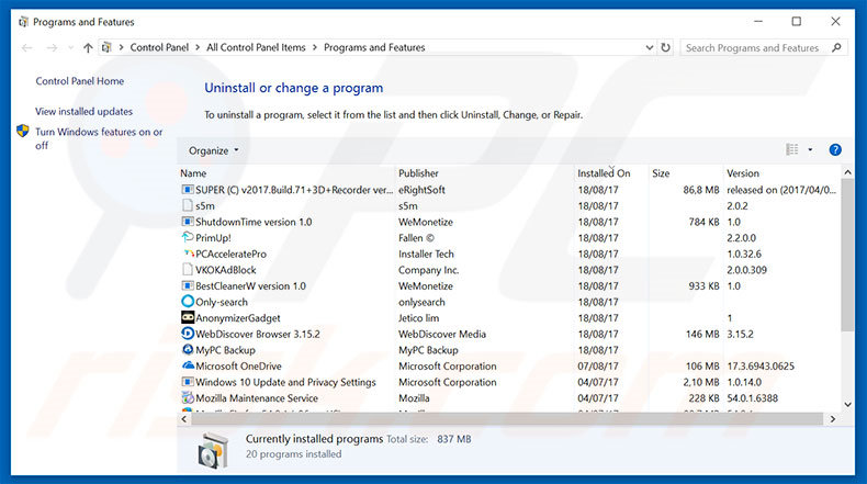 Désinstallation du logiciel de publicité Ransomware Detected via le Panneau de Configuration