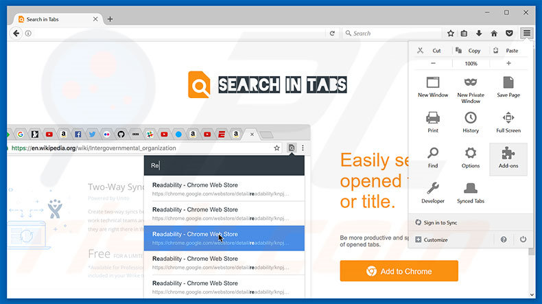 Suppression des publicités Search In Tabs dans Mozilla Firefox étape 1