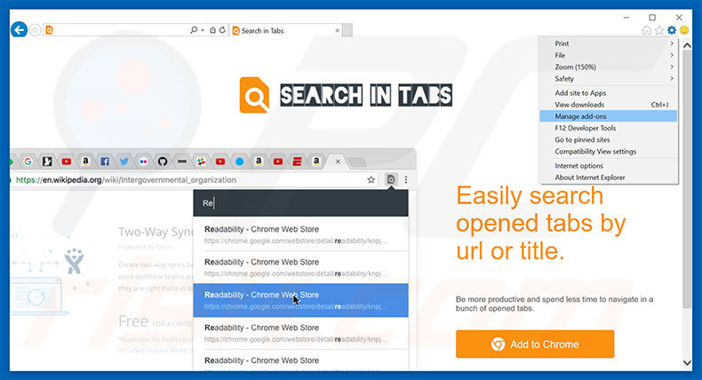Suppression des publicités Search In Tabs dans Internet Explorer étape 1