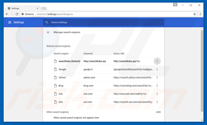 Suppression du moteur de recherche par défaut de searchkska.xyz dans Google Chrome 