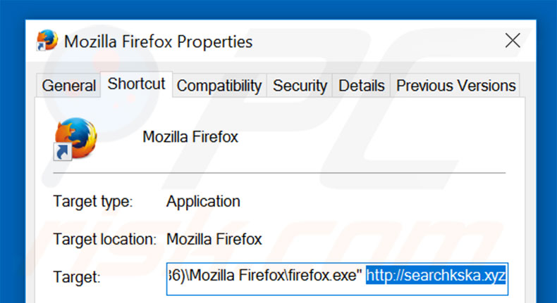 Suppression du raccourci cible de searchkska.xyz dans Mozilla Firefox étape 2