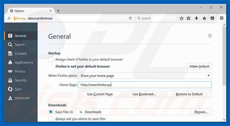 Suppression de la page d'accueil de searchkska.xyz dans Mozilla Firefox 