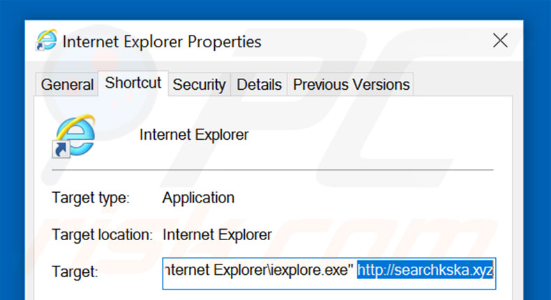 Suppression du raccourci cible de searchkska.xyz dans Internet Explorer étape 2