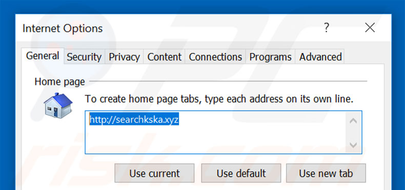 Suppression de la page d'accueil de searchkska.xyz dans Internet Explorer 