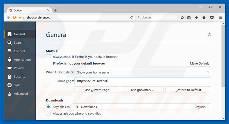Suppression de la page d'accueil de secure-surf.net dans Mozilla Firefox 