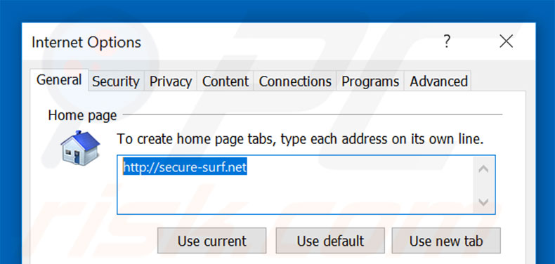 Suppression de la page d'accueil de secure-surf.net dans Internet Explorer 