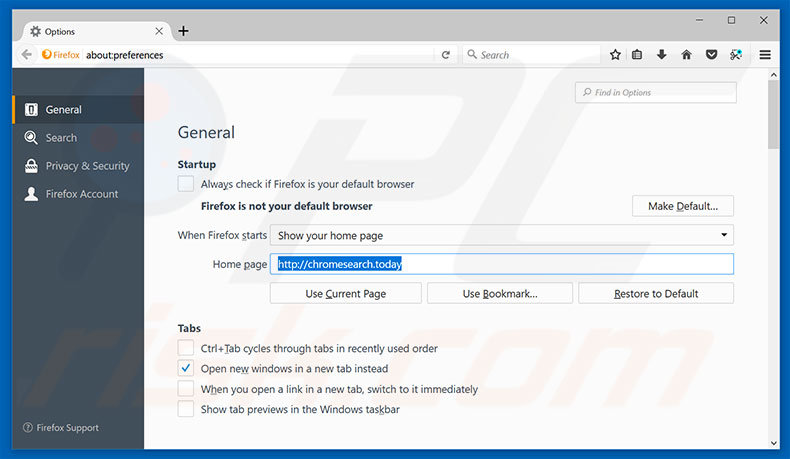 Suppression de la page d'accueil de chromesearch.today dans Mozilla Firefox