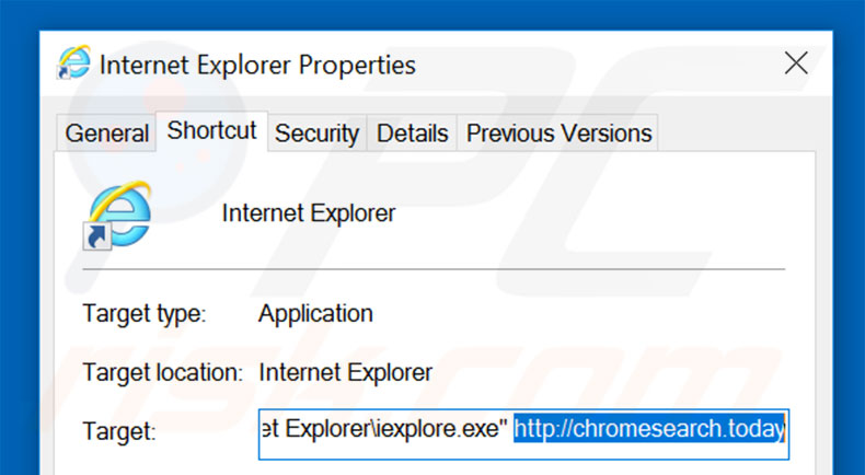 Suppression du raccourci cible de chromesearch.today dans Internet Explorer étape 2