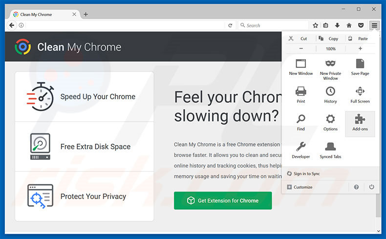 Suppression des publicités Clean My Chrome dans Mozilla Firefox étape 1